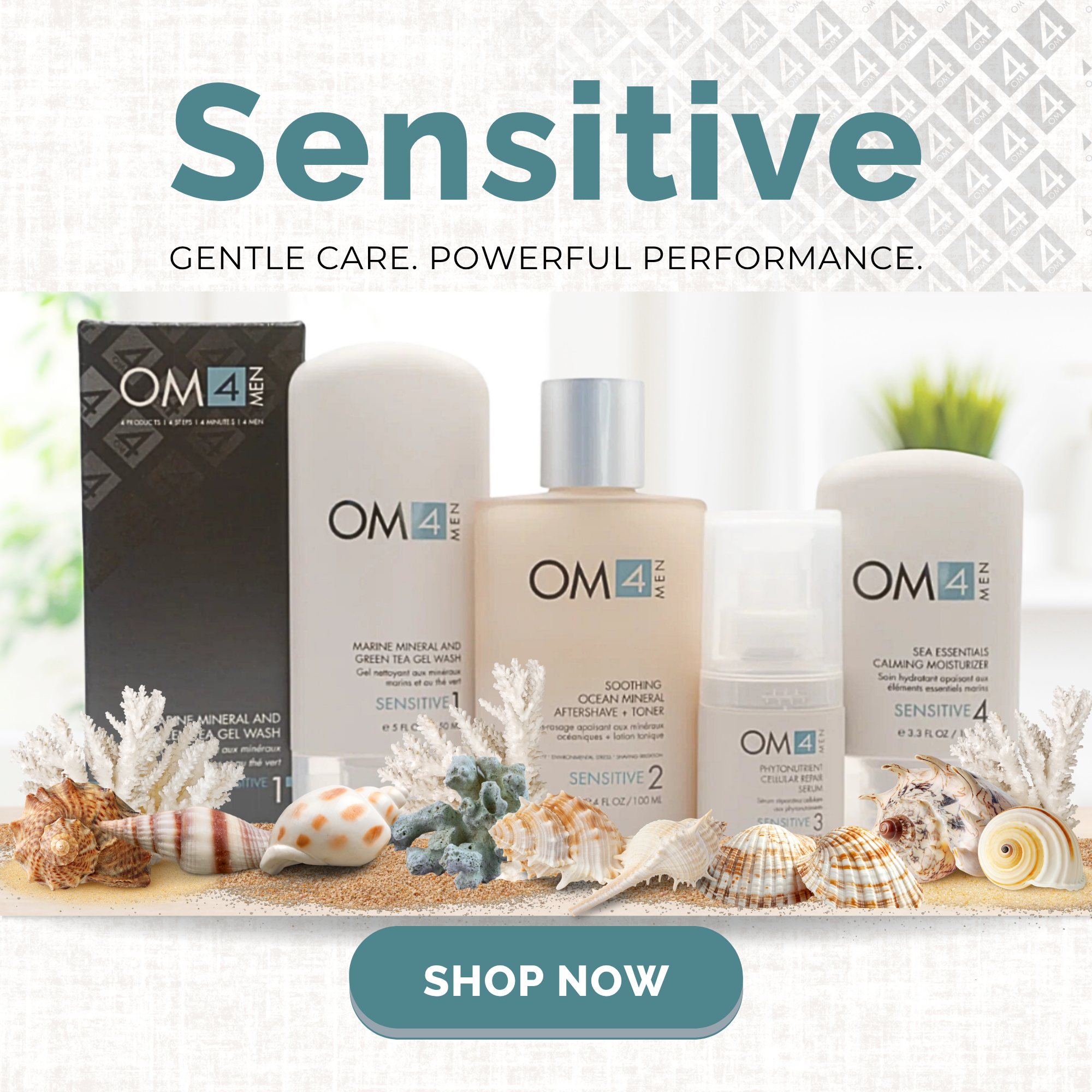 OM4 Men's skincare products with 'Sensitive' text and 'Shop Now' button on a decorative background.