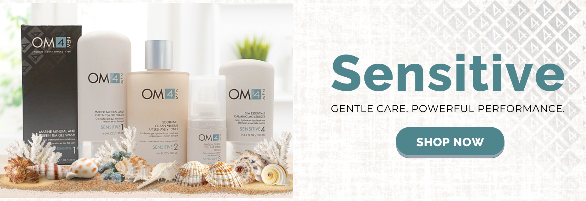 OM4men skincare products with 'Sensitive' text and 'Shop Now' button on a decorative background.